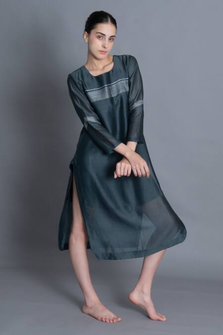 Khat Mint Chanderi Silk Embroidery Round Neck Kurta Online at Aza Fashions Khat_Mint Chanderi Silk Embroidery Round Neck Kurta _Online_at_Aza_Fashions