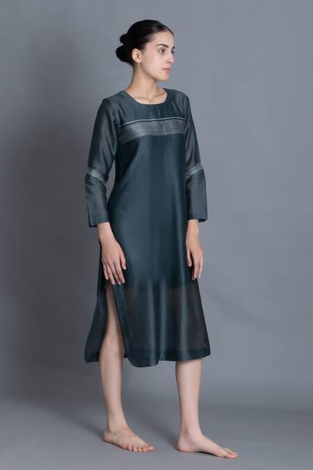 Shop Khat Mint Chanderi Silk Embroidery Round Neck Kurta Online at Aza Fashions Shop_Khat_Mint Chanderi Silk Embroidery Round Neck Kurta _Online_at_Aza_Fashions