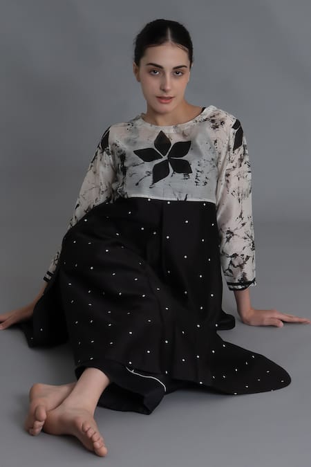 Shop Khat Black Chanderi Silk Embroidery Round Neck E-mint Kurta Set Shop_Khat_Black Chanderi Silk Embroidery Round Neck E-mint Kurta Set