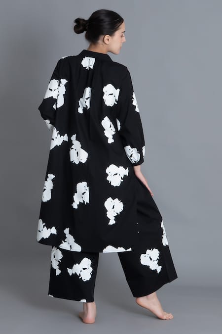 Shop Khat Black Poplin, Cotton Collared Floral Printed Kurta And Pant Set at Aza Fashions Shop_Khat_Black Poplin, Cotton Collared Floral Printed Kurta And Pant Set _at_Aza_Fashions