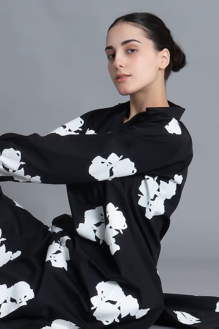 Khat Black Poplin, Cotton Collared Floral Printed Kurta And Pant Set at Aza Fashions Khat_Black Poplin, Cotton Collared Floral Printed Kurta And Pant Set _at_Aza_Fashions