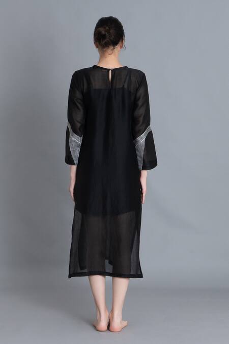 Khat Black Chanderi Silk Embroidery Round Neck Khat Pantone Kurta Online at Aza Fashions Khat_Black Chanderi Silk Embroidery Round Neck Khat Pantone Kurta _Online_at_Aza_Fashions