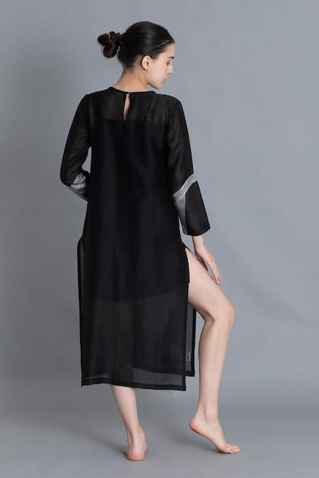 Shop Khat Black Chanderi Silk Embroidery Round Neck Khat Pantone Kurta at Aza Fashions Shop_Khat_Black Chanderi Silk Embroidery Round Neck Khat Pantone Kurta _at_Aza_Fashions