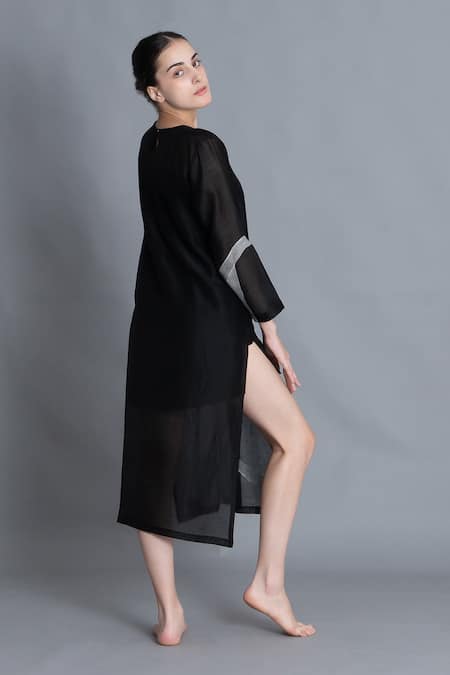 Shop Khat Black Chanderi Silk Embroidery Round Neck Khat Pantone Kurta Online at Aza Fashions Shop_Khat_Black Chanderi Silk Embroidery Round Neck Khat Pantone Kurta _Online_at_Aza_Fashions