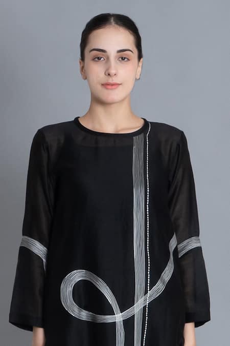 Khat Black Chanderi Silk Embroidery Round Neck Khat Pantone Kurta And Set Online at Aza Fashions Khat_Black Chanderi Silk Embroidery Round Neck Khat Pantone Kurta And Set _Online_at_Aza_Fashions