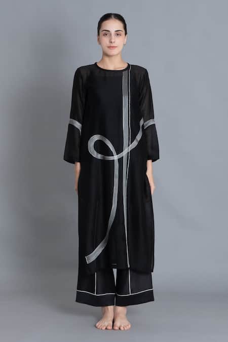 Shop Khat Black Chanderi Silk Embroidery Round Neck Khat Pantone Kurta And Set Online at Aza Fashions Shop_Khat_Black Chanderi Silk Embroidery Round Neck Khat Pantone Kurta And Set _Online_at_Aza_Fashions