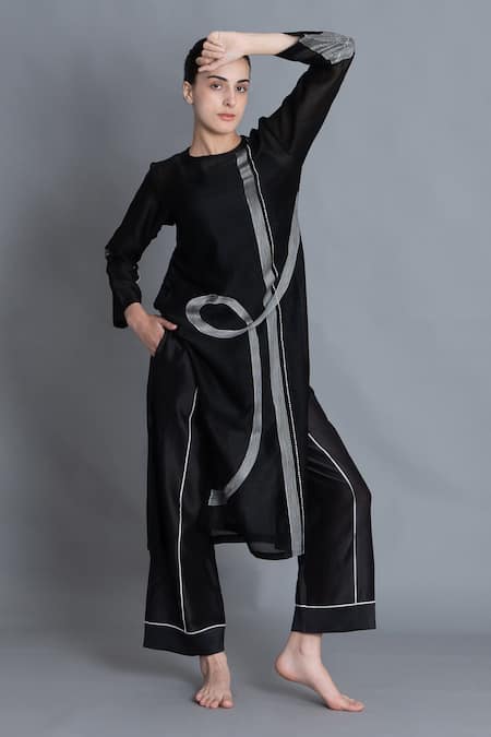 Khat Black Chanderi Silk Embroidery Round Neck Khat Pantone Kurta And Set at Aza Fashions Khat_Black Chanderi Silk Embroidery Round Neck Khat Pantone Kurta And Set _at_Aza_Fashions