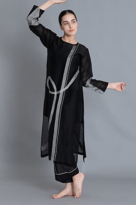 Buy Khat Black Chanderi Silk Embroidery Round Neck Khat Pantone Kurta And Set Buy_Khat_Black Chanderi Silk Embroidery Round Neck Khat Pantone Kurta And Set