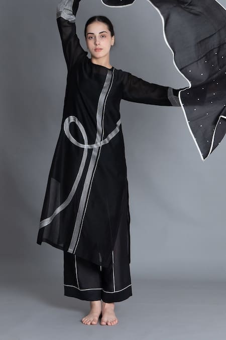 Shop Khat Black Chanderi Silk Embroidery, Piping Round Neck Khat Pantone Kurta Set at Aza Fashions Shop_Khat_Black Chanderi Silk Embroidery, Piping Round Neck Khat Pantone Kurta Set _at_Aza_Fashions