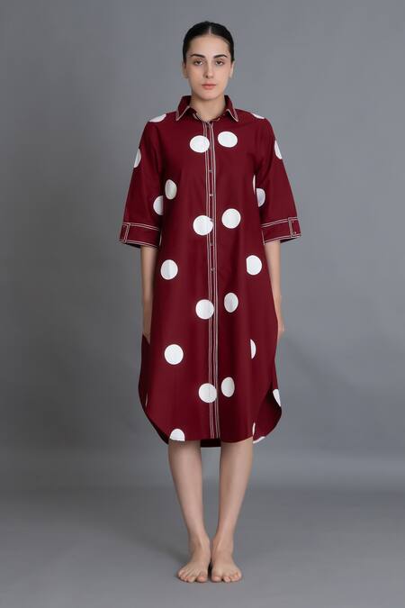 Khat Red Poplin, Cotton Embroidery Collared Crimson Polka Shirt Dress Online at Aza Fashions Khat_Red Poplin, Cotton Embroidery Collared Crimson Polka Shirt Dress _Online_at_Aza_Fashions