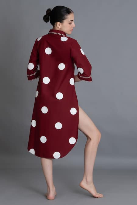 Shop Khat Red Poplin, Cotton Embroidery Collared Crimson Polka Shirt Dress at Aza Fashions Shop_Khat_Red Poplin, Cotton Embroidery Collared Crimson Polka Shirt Dress _at_Aza_Fashions