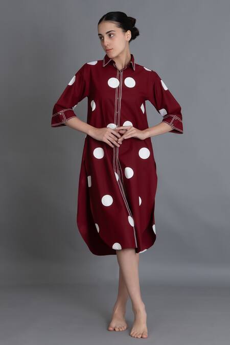Buy Khat Red Poplin, Cotton Embroidery Collared Crimson Polka Shirt Dress Online at Aza Fashions Buy_Khat_Red Poplin, Cotton Embroidery Collared Crimson Polka Shirt Dress _Online_at_Aza_Fashions