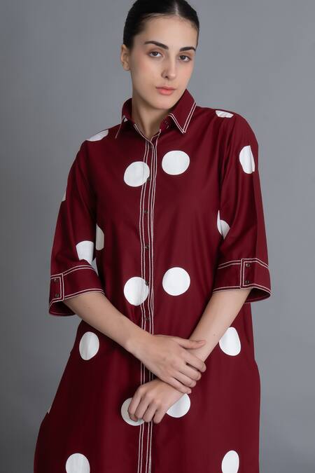 Shop Khat Red Poplin, Cotton Embroidery Collared Crimson Polka Shirt Dress Online at Aza Fashions Shop_Khat_Red Poplin, Cotton Embroidery Collared Crimson Polka Shirt Dress _Online_at_Aza_Fashions