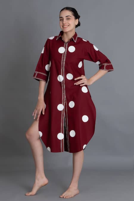 Khat Red Poplin, Cotton Embroidery Collared Crimson Polka Shirt Dress 