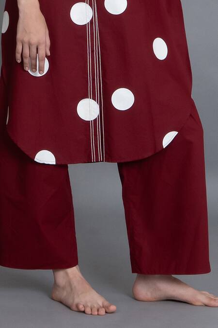 Khat_Red Poplin, Cotton Embroidery Collared Crimson Polka Shirt Kurta And Pant Set _Online_at_Aza_Fashions