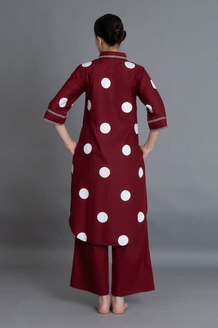 Khat Crimson Embroidered Polka Shirt Kurta & Pant Set 