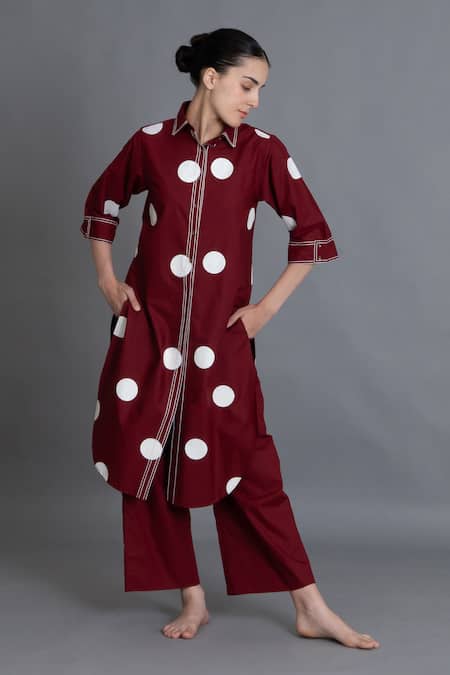 Khat Crimson Embroidered Polka Shirt Kurta & Pant Set 