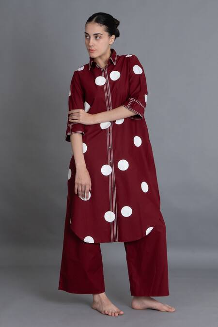 Buy_Khat_Red Poplin, Cotton Embroidery Collared Crimson Polka Shirt Kurta And Pant Set _Online_at_Aza_Fashions