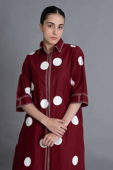 Shop_Khat_Red Poplin, Cotton Embroidery Collared Crimson Polka Shirt Kurta And Pant Set _Online_at_Aza_Fashions