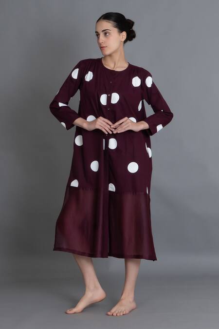 Buy_Khat_Maroon Poplin, Cotton Round Neck Polka Chanderi Gathered Dress _Online_at_Aza_Fashions