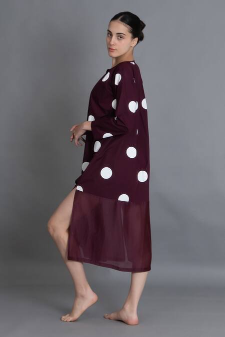 Shop_Khat_Maroon Poplin, Cotton Round Neck Polka Chanderi Gathered Dress _Online_at_Aza_Fashions