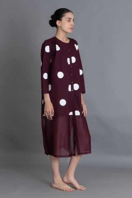 Khat_Maroon Poplin, Cotton Round Neck Polka Chanderi Gathered Dress _at_Aza_Fashions
