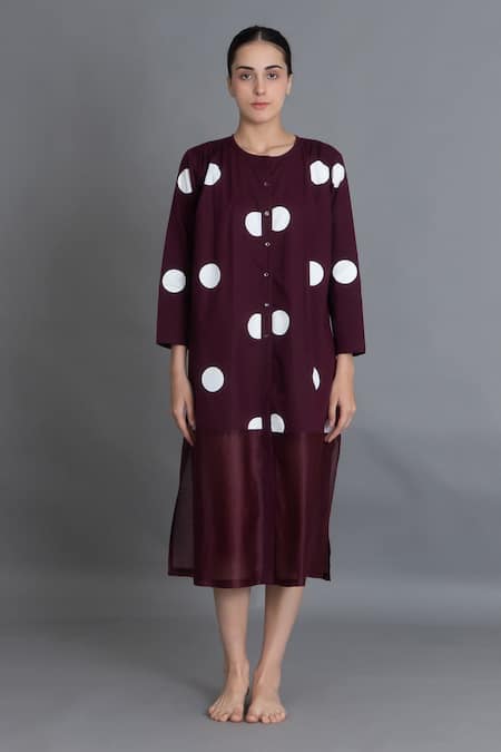 Buy_Khat_Maroon Poplin, Cotton Round Neck Polka Chanderi Gathered Dress 