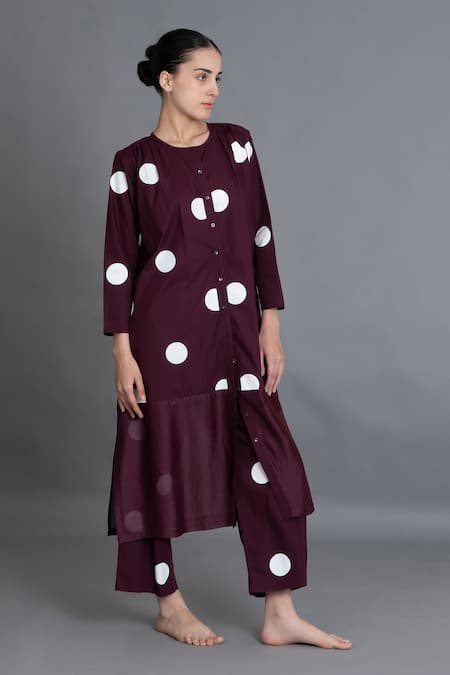 Khat Maroon Polka Chanderi Gathered Kurta & Pant Set 