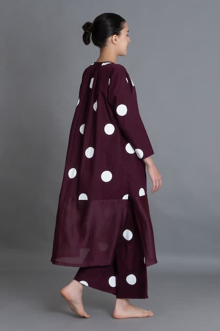 Shop_Khat_Maroon Poplin, Cotton Round Neck Polka Chanderi Gathered Kurta And Pant Set _Online_at_Aza_Fashions