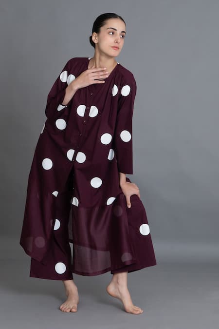 Buy_Khat_Maroon Poplin, Cotton Round Neck Polka Chanderi Gathered Kurta And Pant Set 