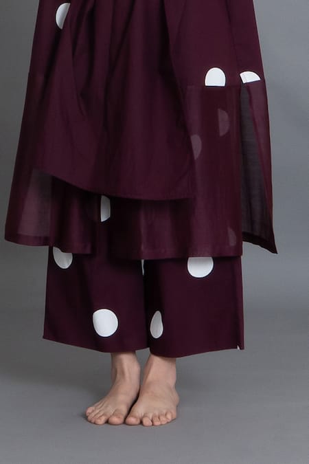 Khat_Maroon Poplin, Chanderi Silk, Cotton Round Neck Polka Gathered Kurta And Pant Set _Online_at_Aza_Fashions