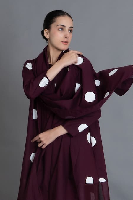 Buy_Khat_Maroon Poplin, Chanderi Silk, Cotton Round Neck Polka Gathered Kurta And Pant Set _Online_at_Aza_Fashions