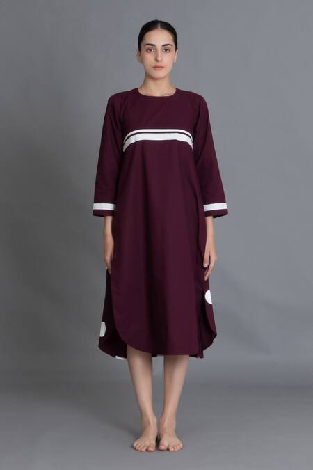 Khat_Maroon Poplin, Cotton Round Neck Polka Pleated Back Dress _Online_at_Aza_Fashions