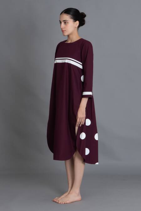 Shop_Khat_Maroon Poplin, Cotton Round Neck Polka Pleated Back Dress _Online_at_Aza_Fashions