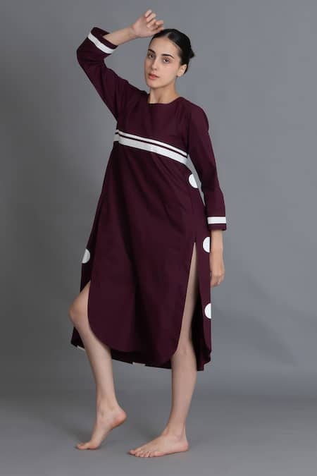 Khat Maroon Polka Pleated Back Dress 