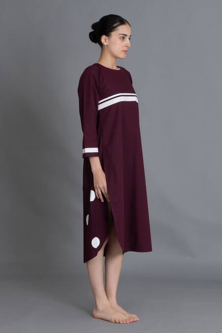 Khat_Maroon Poplin, Cotton Round Neck Polka Pleated Back Dress _at_Aza_Fashions