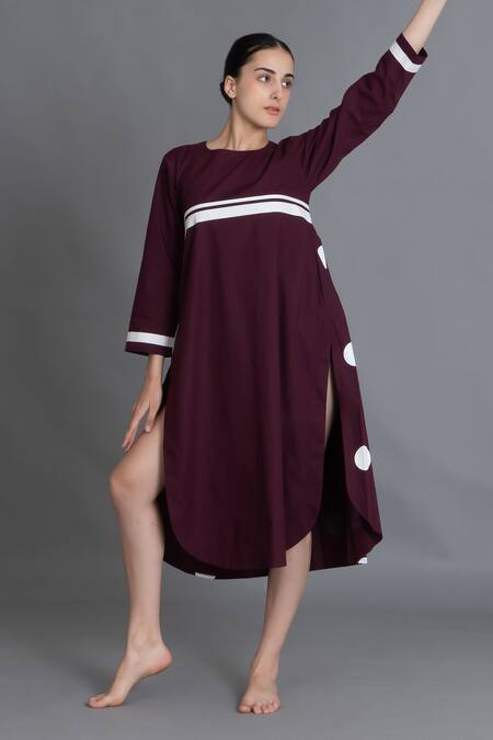 Buy_Khat_Maroon Poplin, Cotton Round Neck Polka Pleated Back Dress 