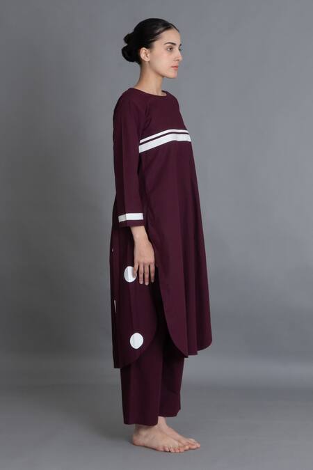 Shop_Khat_Maroon Poplin, Cotton Round Neck Polka Pleated Back Kurta And Pant Set _Online_at_Aza_Fashions