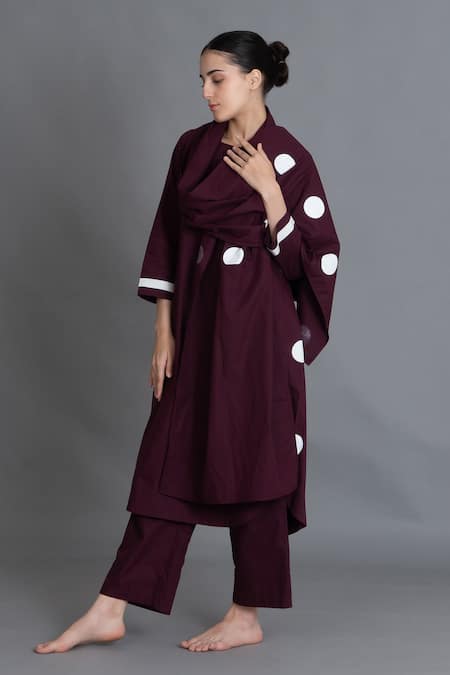 Shop_Khat_Maroon Poplin, Cotton Keyhole Neck, Round Polka Pleated Back Kurta And Pant Set _Online_at_Aza_Fashions