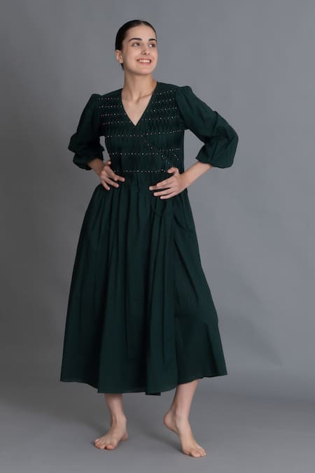 Khat Forest Green Hand Smocked Dress 