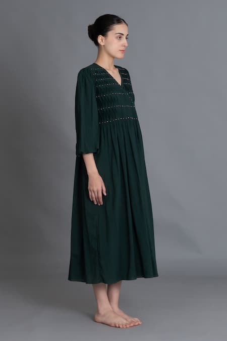 Khat_Green Handloom Cotton Embroidery V-neck Forest Hand Smocked Dress _Online_at_Aza_Fashions