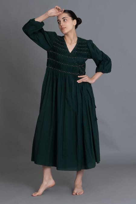 Buy_Khat_Green Handloom Cotton Embroidery V-neck Forest Hand Smocked Dress _Online_at_Aza_Fashions