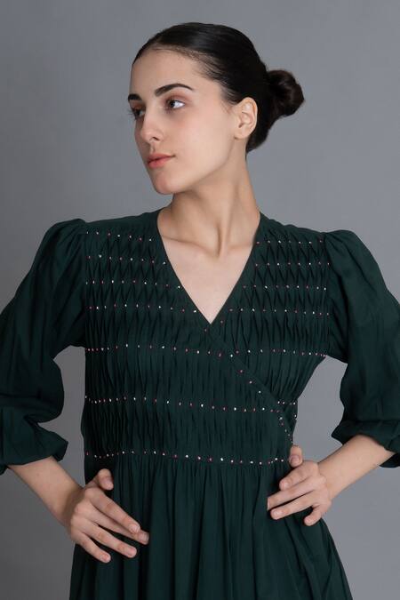 Buy Khat Emerald Green Handloom Cotton Embroidery Forest Hand Smocked Kurta And Pant Online at Aza Fashions Buy_Khat_Emerald Green Handloom Cotton Embroidery Forest Hand Smocked Kurta And Pant _Online_at_Aza_Fashions