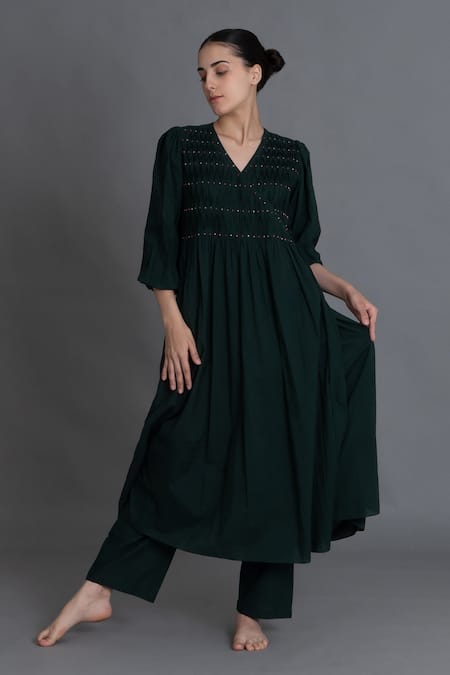 Khat Forest Green Hand Smocked Kurta & Pant 