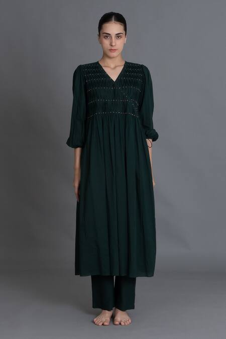 Buy Khat Emerald Green Handloom Cotton Embroidery Forest Hand Smocked Kurta And Pant Buy_Khat_Emerald Green Handloom Cotton Embroidery Forest Hand Smocked Kurta And Pant