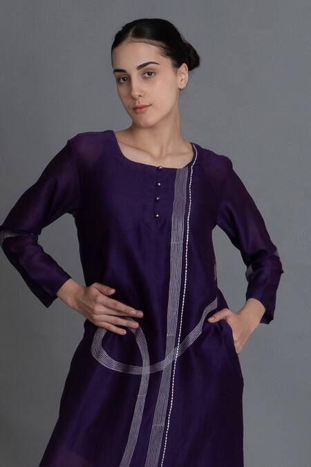 Khat_Purple Chanderi Silk Embroidery Round Neck Kurta _Online_at_Aza_Fashions