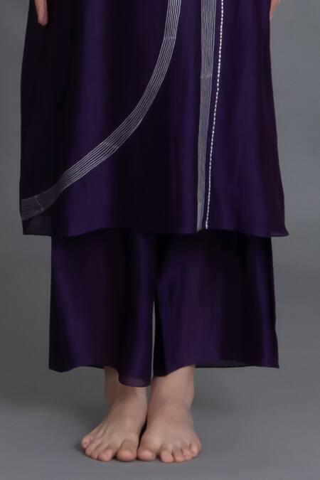 Khat_Purple Chanderi Silk Embroidery Round Neck Kurta And Pant Set _Online_at_Aza_Fashions