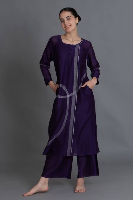 Buy_Khat_Purple Chanderi Silk Embroidery Round Neck Kurta And Pant Set _Online_at_Aza_Fashions