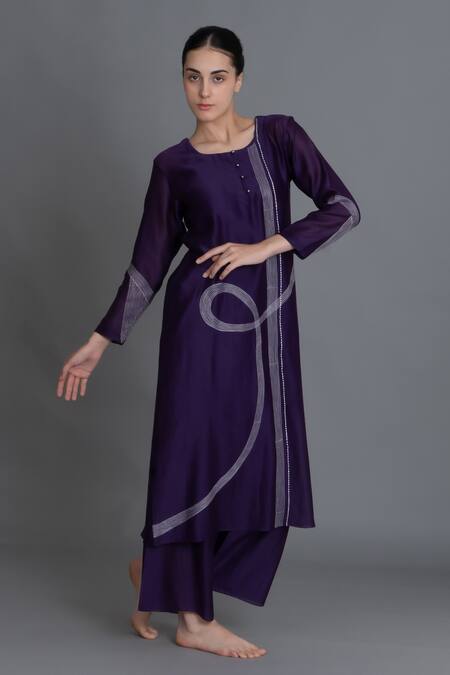 Shop_Khat_Purple Chanderi Silk Embroidery Round Neck Kurta And Pant Set _Online_at_Aza_Fashions