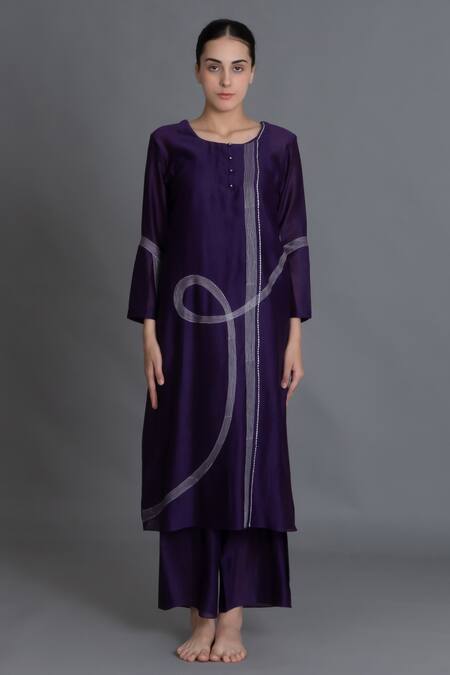 Khat_Purple Chanderi Silk Embroidery Round Neck Kurta And Pant Set _at_Aza_Fashions